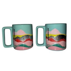 NWT Starbucks 2019 Desert Hills Mint Green Glitter Pink Waves 12 oz coffee mugs